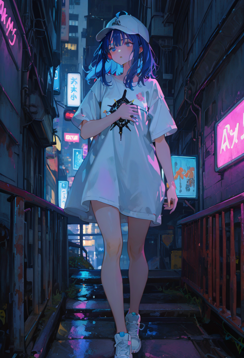 perfect quality,high quality,masterpiece,absolutely eye-catching,ambient occlusion,raytracing,
1girl,blue eyes,blue hair,medium hair,long hair,ahoge,Yanami Anna Cyql,
T-shirt dress, sneakers, baseball cap,panorama,Annoyance,flat chest grab,
Cyberpunk cityscape, neon lights, dark alleys, skyscrapers, futuristic, vibrant colors, high contrast, highly detailed,,
qxys,748cmstyle,EtherStyle,<lora:spo_sdxl_10ep_4k-data_lora_webui:0.7>,<lora:96YOTTEA-WAI:0.3>,<lora:illustrious_all_rated_v1:0.7>,<lora:748cmSDXL:0.9>,<lora:EtherSDXL:0.5>,<lora:lora-000012.by_tusi:0.9>,