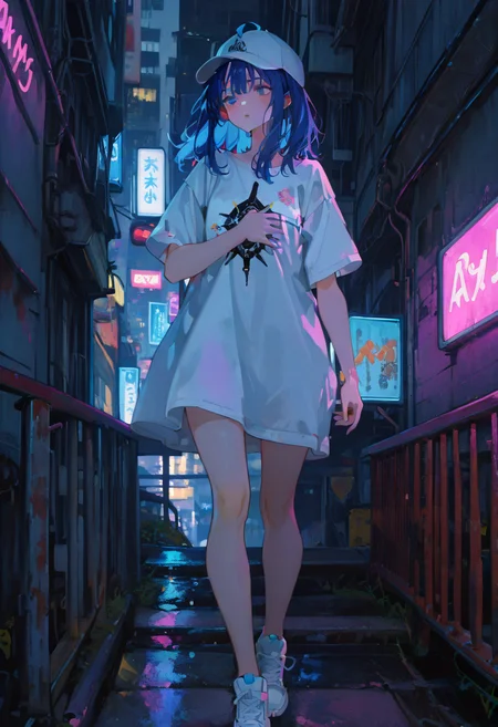 perfect quality,high quality,masterpiece,absolutely eye-catching,ambient occlusion,raytracing,
1girl,blue eyes,blue hair,medium hair,long hair,ahoge,Yanami Anna Cyql,
T-shirt dress, sneakers, baseball cap,panorama,Annoyance,flat chest grab,
Cyberpunk cityscape, neon lights, dark alleys, skyscrapers, futuristic, vibrant colors, high contrast, highly detailed,,
qxys,748cmstyle,EtherStyle,<lora:spo_sdxl_10ep_4k-data_lora_webui:0.7>,<lora:96YOTTEA-WAI:0.3>,<lora:illustrious_all_rated_v1:0.7>,<lora:748cmSDXL:0.9>,<lora:EtherSDXL:0.5>,<lora:lora-000012.by_tusi:0.9>,