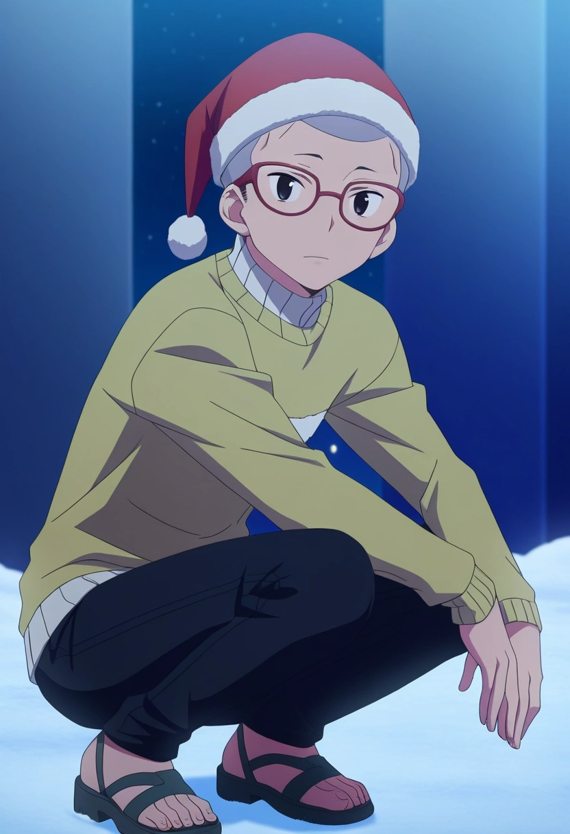 masterpiece, best quality, , anime screencap, , , looking at viewer, 1boy, solo, male focus, <lora:konekomaru_miwa_ilxl:0.9>, konekomaru_miwa, grey hair, black eyes, very short hair, glasses, red-framed eyewear, , , Ski pants, Crew neck sweater, Sandals, Santa Claus hat,