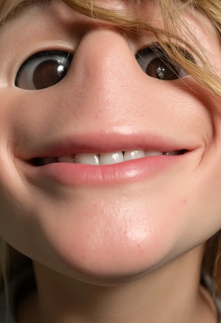 A closeup photograph on the little skinhairs on chin of a young [amateur|student] woman's face with brown eyes, short hair, and mouth  open. The hard focus on the whole face focuses on her mouth, emphasizing her perfect symmetric white teeth and the textures ([of tongue::0.05]:0.05). The image is detailed, capturing the natural detailed texture and pores blemishes and little hairs around the chin and lips with a subtle sheen on the inside of the mouth.