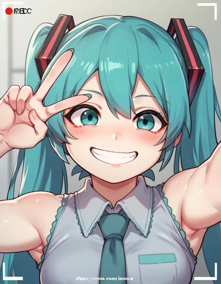 score_9, score_8_up, score_7_up, source_anime, BREAK hatsune_miku, solo, 1girl, smile, adorable face , cute, long eyelashes, elbow out of frame, one hand out of frame, necktie, selfie, closeup, recording, pov, v sign, upper_body