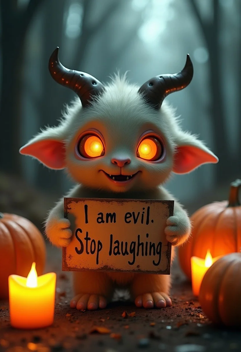 Create an image of a small, fluffy creature with large eyes and horns, holding a sign that says "I am evil. Stop laughing." The creature is surrounded by candles in a dimly lit room, giving off an eerie yet whimsical atmosphere. Make the character cute adorable child-like and dressed in a Halloween costume. Add some pumpkins around the character. Make the pumpkins glow. the background is a spooky forest. moody, grainy, noisy, concept art, by Alberto Seveso, Cyril Rolando, Dan Mumford, Meaningful Visual Art, Detailed Painting, Digital Illustration, Unreal Engine 5, 32k maximalist, hyperdetailed fantasy art, 3d digital art, sharp focus, masterpiece, fine art"
.
<lora:Dever_Flux_Enhancer:0.5>
<lora:midjourney_whisper_flux_lora_v01:0.65> Midjourney_Whisper
<lora:Midjourney_-_SemiReal_Dreams_FLUX_LoRA:0.65>
<lora:Dreamy_Illustrations_FLUX_LoRA-000001:0.65>