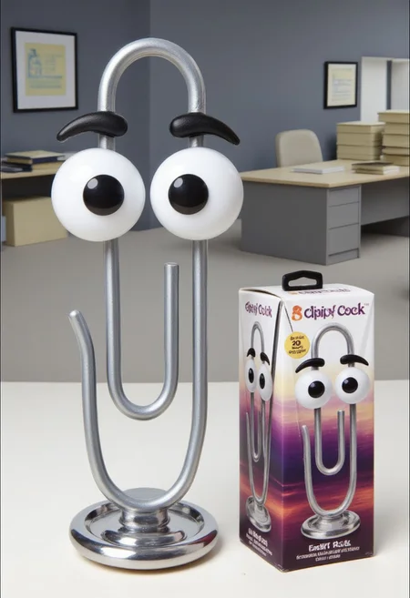 The image is a high-quality product advertisement for a realistic-looking, phallic-shaped sex toy called "Clippy Cock." The dildo has a phallic shape with a reflective silver appearance and is shaped like a paper clip. It stands on a chrome, round base that appears to be made of a rubbery material. In the background, clippy with big eyes is in an office.