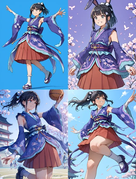 __femalePosesWildcard400_v10/female-poses__, __1000Wildcards_wildcards/wildcards/perspective__, solo, 1girl,  smile, <lora:DawnPony:1>Daw_NYear, long hair, black hair, ponytail, sidelocks, grey eyes, hair ornament, hair ribbon, purple kimono, detached sleeves, blue sleeves, red skirt, pleated skirt, white socks,, score_9, score_8_up, score_7_up,