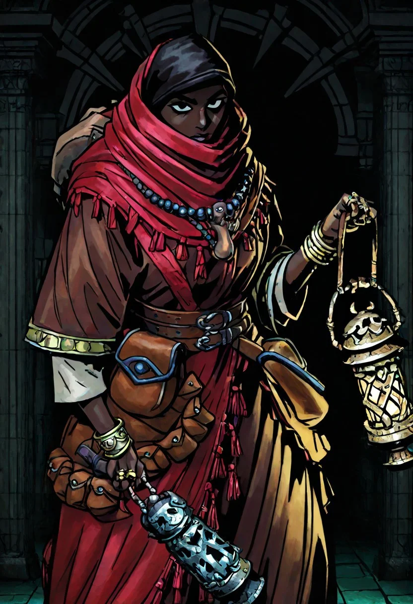 masterpiece, best quality, newest, absurdres, highres, DDstyle, official style, black eyes, shaded eyes, solo, solo focus,
1girl, DDAntiq-V1.1, scarf, bandana, robe, dark-skinned female, dark skin, belt pouch, pouch, necklace, belt, ring, bracelet, hood, hood up,
lantern, holding, holding lantern,