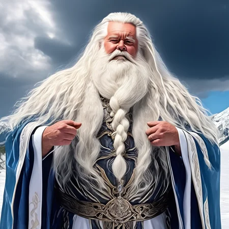 8k portrait photo of an old wizard casting a spell ,snowy mountain top, lightning storm, silver circlet and rings with diamonds and sapphires, huge braided white beard, long wavy windswept white hair, raised arms, dramatic gesture, blue and white robes, bushy eyebrows, male focus, bara, daddybear, obese, musclebound, huge biceps, , swirling thunderclouds, blizzard, dramatic lighting, hyperrealistic, detailed background <lora:Big_Braided_Beards:1> <lora:Dynamic Poses:1>