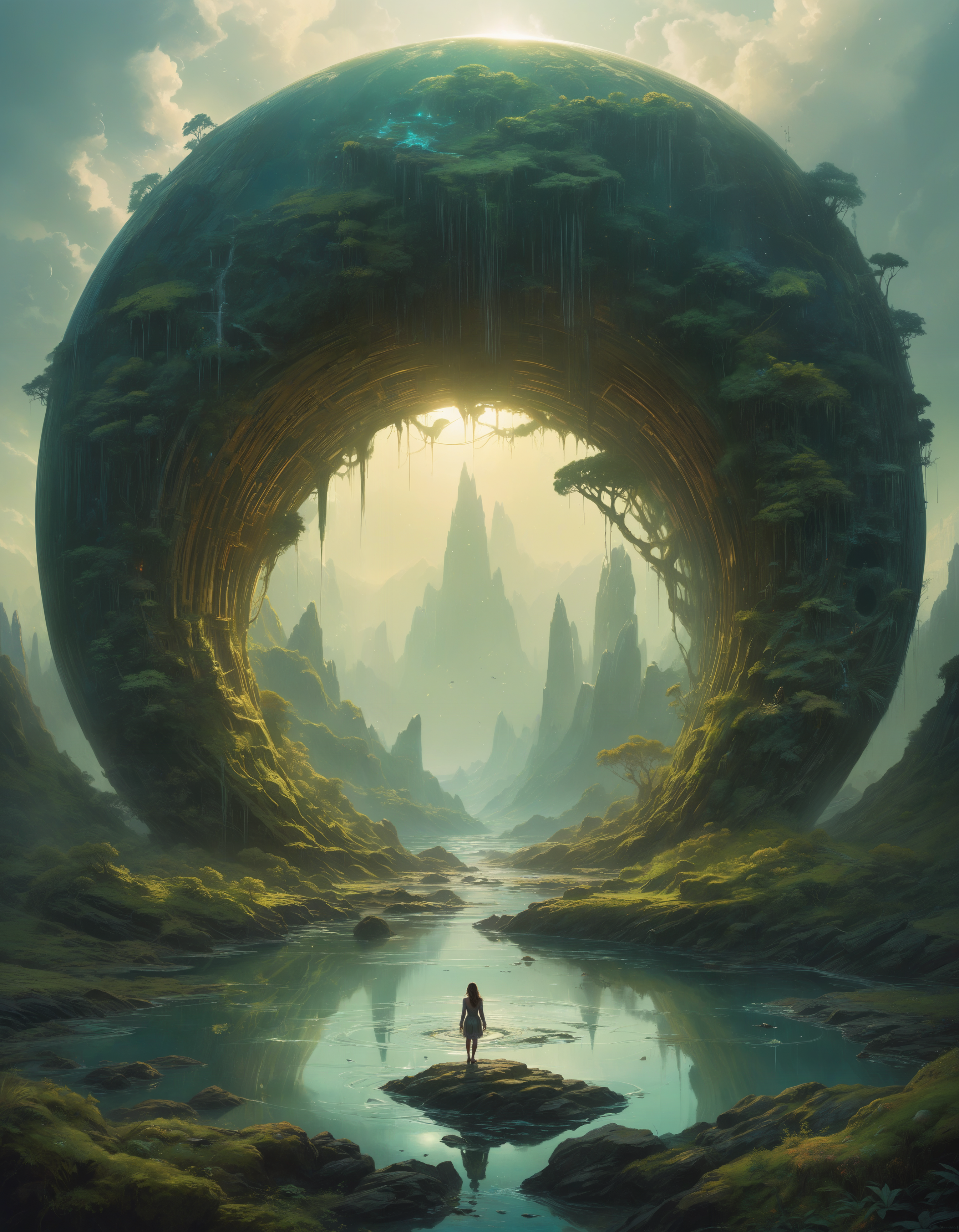 mystical landscape, circular, bite-sized, bold, aesthetic, humanoid, epic, complex, by Todd Lockwood, by Alessio Albi, by Mikalojus Ciurlionis, (professional, intricate details, masterpiece, best quality:1.5), sharp focus, high contrast, highest details, (professional, intricate details, masterpiece, best quality:1.5)