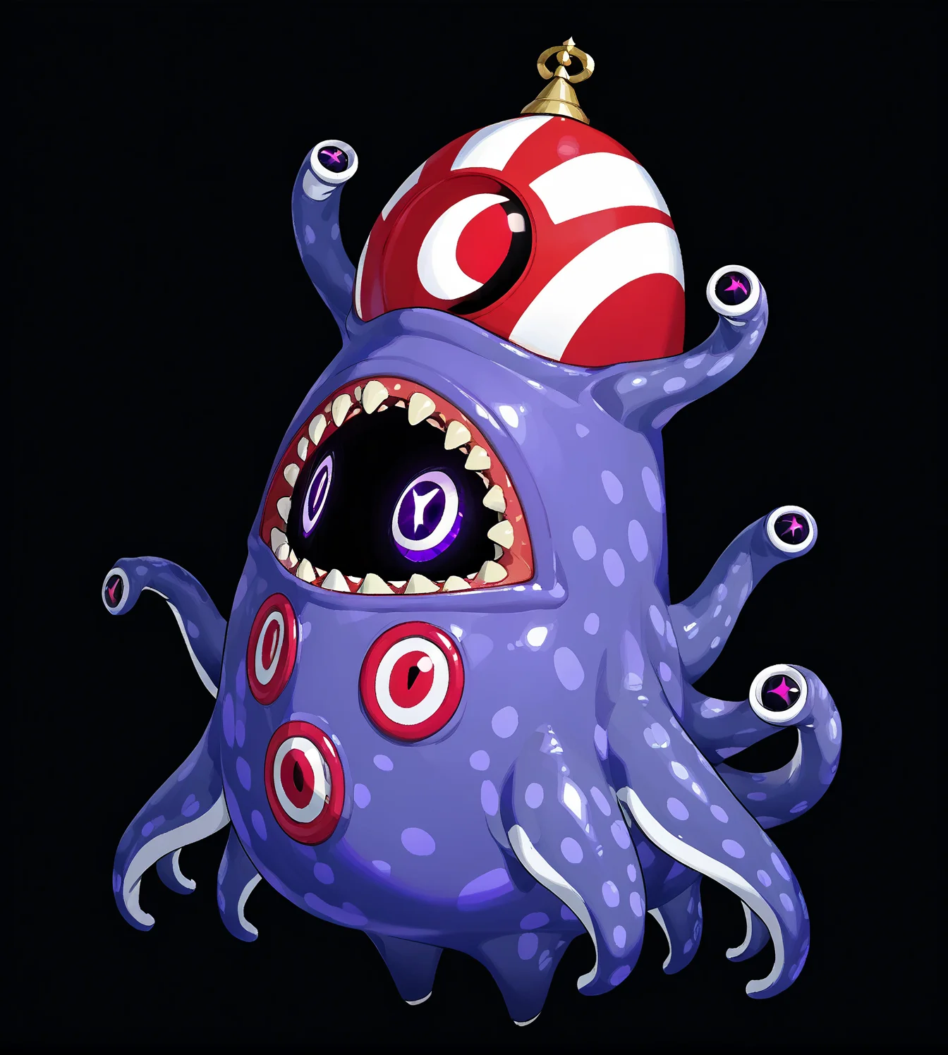masterpiece, best quality, (solo bangboo), yogg saron, dark background, white circular eyes, full body,  purple octopus monster kigurumi, sharp teeth, tentacles limbs, cthulhu mythos, <lora:bangboo-v1-pony:1>