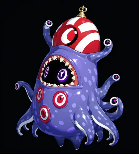 masterpiece, best quality, (solo bangboo), yogg saron, dark background, white circular eyes, full body, purple octopus monster kigurumi, sharp teeth, tentacles limbs, cthulhu mythos, <lora:bangboo-v1-pony:1>