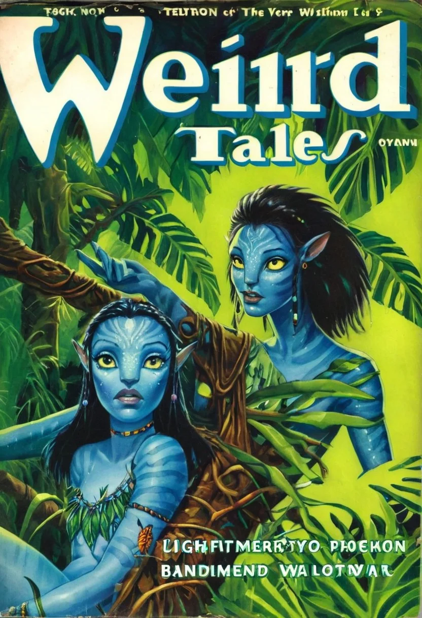 Weird Tales pulp magazine cover of a Avatar navi alien with blue skin, wearing leaf tunic, futuristic neon bioluminescent jungle in the background