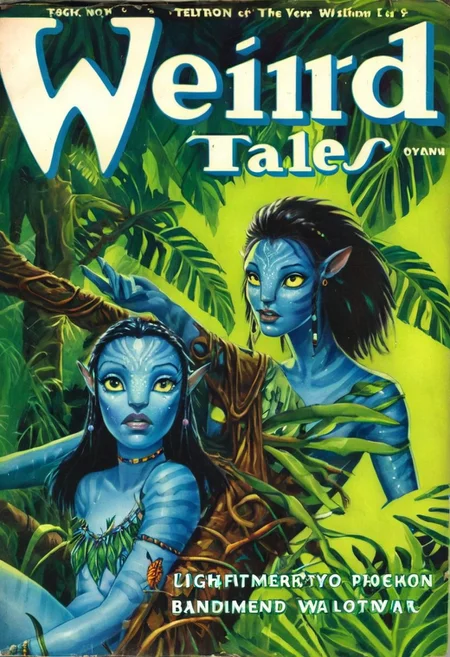 Weird Tales pulp magazine cover of a Avatar navi alien with blue skin, wearing leaf tunic, futuristic neon bioluminescent jungle in the background