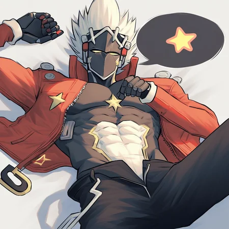 billy kid, 1boy,abs,black pants,cyborg,heart,jacket,lying,male focus,on back,open clothes,open jacket,open pants,pants,pectorals,red jacket,signature,solo,speech bubble,spiked hair,spoken heart,star (symbol),weapon,weapon on floor,white hair,yellow eyes,zipper