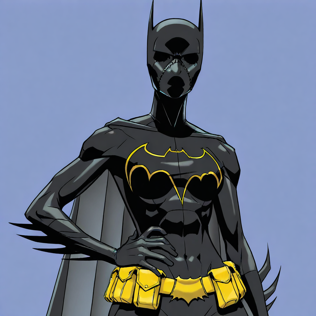 Blue background, simple background, solid color background, 2d,   1girl, solo, DC Comics, Batgirl, BlackBat, toned female, black mask, black sclera, no pupils, covered face, black bodysuit, black cape, utility belt, yellow belt, insignia, bat symbol,  Upper body, front view, looking at viewer, Hand on hip,