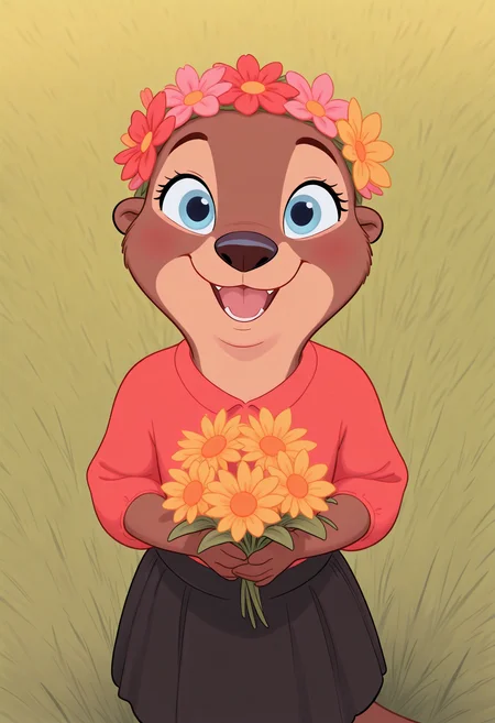 masterpiece, best quality, amazing quality, very aesthetic, absurdres, newest, solo, female, (anthro, otter), (cute, young), blue eyes, red blouse, black skirt, flower crown, happy, smiling, holding up flower bouquet to viewer, meadow, grass, from above, close up, cabookstyle, <lora:Childrens_Book_Style_IL:1>, disney animation, <lora:Disney_Animation_v5-V7:1>