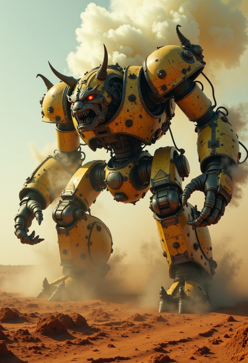 cpstyle01: This is a CGI-rendered image of a massive, humanoid robot in a desert environment. The robot, depicted in a dramatic, action pose, is primarily faded yellow with muted metallic accents, giving it a weathered, battle-worn appearance. Its body is heavily armored with large, angular plates, and it carries a menacing, imposing presence. The robot's head features two prominent, curved horns, glowing dimly red eyes, and a fierce, open mouth with sharp teeth, suggesting a fierce, aggressive demeanor.
Its arms are long and muscular, ending in powerful, claw-like hands with sharp, articulated fingers. The robot's legs are sturdy and wide, adapted for traversing rough terrain, with large, articulated joints. The ground beneath it is a desaturated reddish-brown, sandy desert, with visible footprints and disturbed earth, indicating movement or battle.
The background features a dramatic, swirling cloud of pale white smoke or dust, likely from an explosion or intense battle, against a washed-out, almost sepia-toned sky, enhancing the gritty, post-apocalyptic atmosphere. The lighting is harsh and faintly golden, casting long shadows, further emphasizing the robot's imposing figure in a muted, desaturated world.