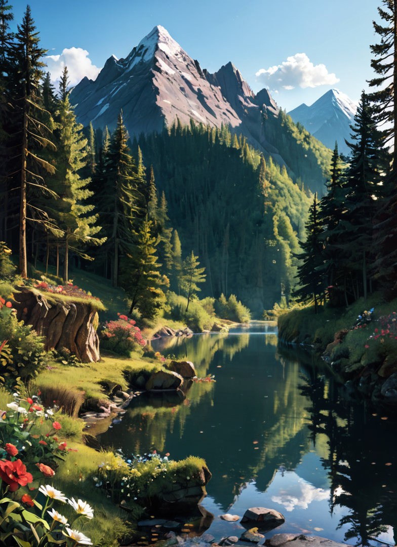 Score 9, Score_8_up, Score_7_up, fine detail, ultra detail, forest, shadows, mountain, flowers, river,
 <lora:zy_Realism_Enhancer_v1:0.5> <lora:add-detail-xl:0.3>