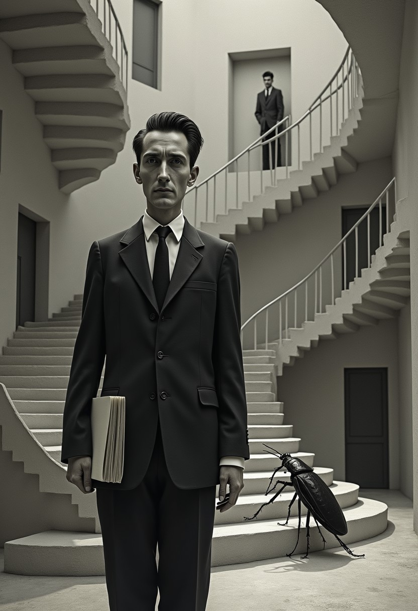 The image portrays a surreal, almost dreamlike depiction of a man in a formal black suit, the German-speaking Czech Jewish writer Franz Kafka, standing in a bizarre, labyrinthine architectural environment. The slender man, with expressive eyes, with slicked-back dark hair and a serious, somber expression, seems lost or confused. He holds a book or folder, adding to the sense of seriousness or contemplation. A giant dark bug or cockroach-like creature seems to be his pet. The surrounding environment is a mind-bending collection of staircases, doors, and windows that twist and curve impossibly, reminiscent of an Escher-like world. Another version of the man can be seen in the background, walking on one of the winding staircases that loops in on itself. The entire setting feels disorienting, with a mix of organic curves and sharp geometric forms, symbolizing themes of existential confusion, entrapment, bureaucracy, mental struggle, or inner turmoil. The muted grayscale colors of the structure enhance the eerie, dreamlike atmosphere.
