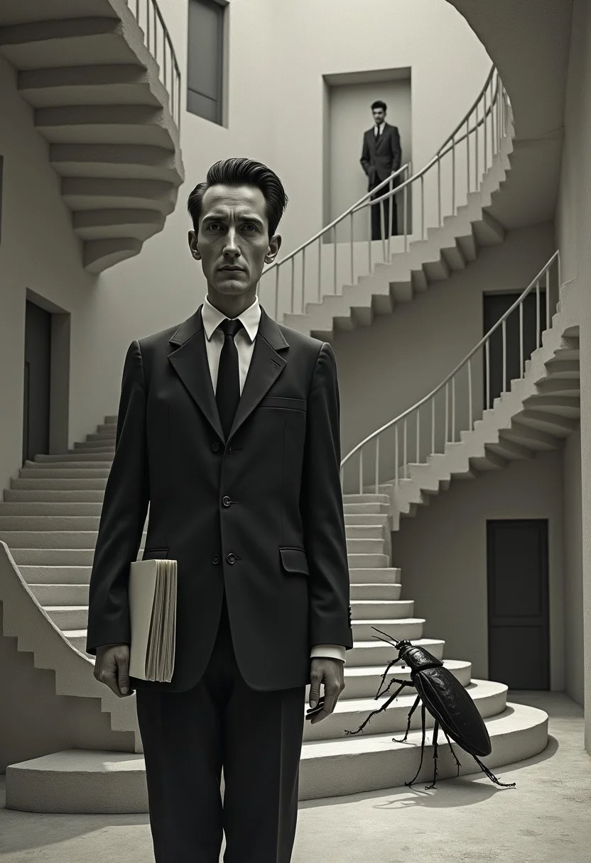 The image portrays a surreal, almost dreamlike depiction of a man in a formal black suit, the German-speaking Czech Jewish writer Franz Kafka, standing in a bizarre, labyrinthine architectural environment. The slender man, with expressive eyes, with slicked-back dark hair and a serious, somber expression, seems lost or confused. He holds a book or folder, adding to the sense of seriousness or contemplation. A giant dark bug or cockroach-like creature seems to be his pet. The surrounding environment is a mind-bending collection of staircases, doors, and windows that twist and curve impossibly, reminiscent of an Escher-like world. Another version of the man can be seen in the background, walking on one of the winding staircases that loops in on itself. The entire setting feels disorienting, with a mix of organic curves and sharp geometric forms, symbolizing themes of existential confusion, entrapment, bureaucracy, mental struggle, or inner turmoil. The muted grayscale colors of the structure enhance the eerie, dreamlike atmosphere.