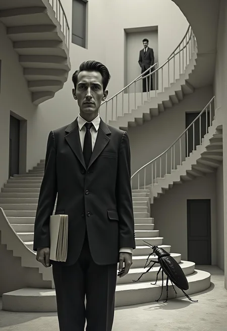 The image portrays a surreal, almost dreamlike depiction of a man in a formal black suit, the German-speaking Czech Jewish writer Franz Kafka, standing in a bizarre, labyrinthine architectural environment. The slender man, with expressive eyes, with slicked-back dark hair and a serious, somber expression, seems lost or confused. He holds a book or folder, adding to the sense of seriousness or contemplation. A giant dark bug or cockroach-like creature seems to be his pet. The surrounding environment is a mind-bending collection of staircases, doors, and windows that twist and curve impossibly, reminiscent of an Escher-like world. Another version of the man can be seen in the background, walking on one of the winding staircases that loops in on itself. The entire setting feels disorienting, with a mix of organic curves and sharp geometric forms, symbolizing themes of existential confusion, entrapment, bureaucracy, mental struggle, or inner turmoil. The muted grayscale colors of the structure enhance the eerie, dreamlike atmosphere.