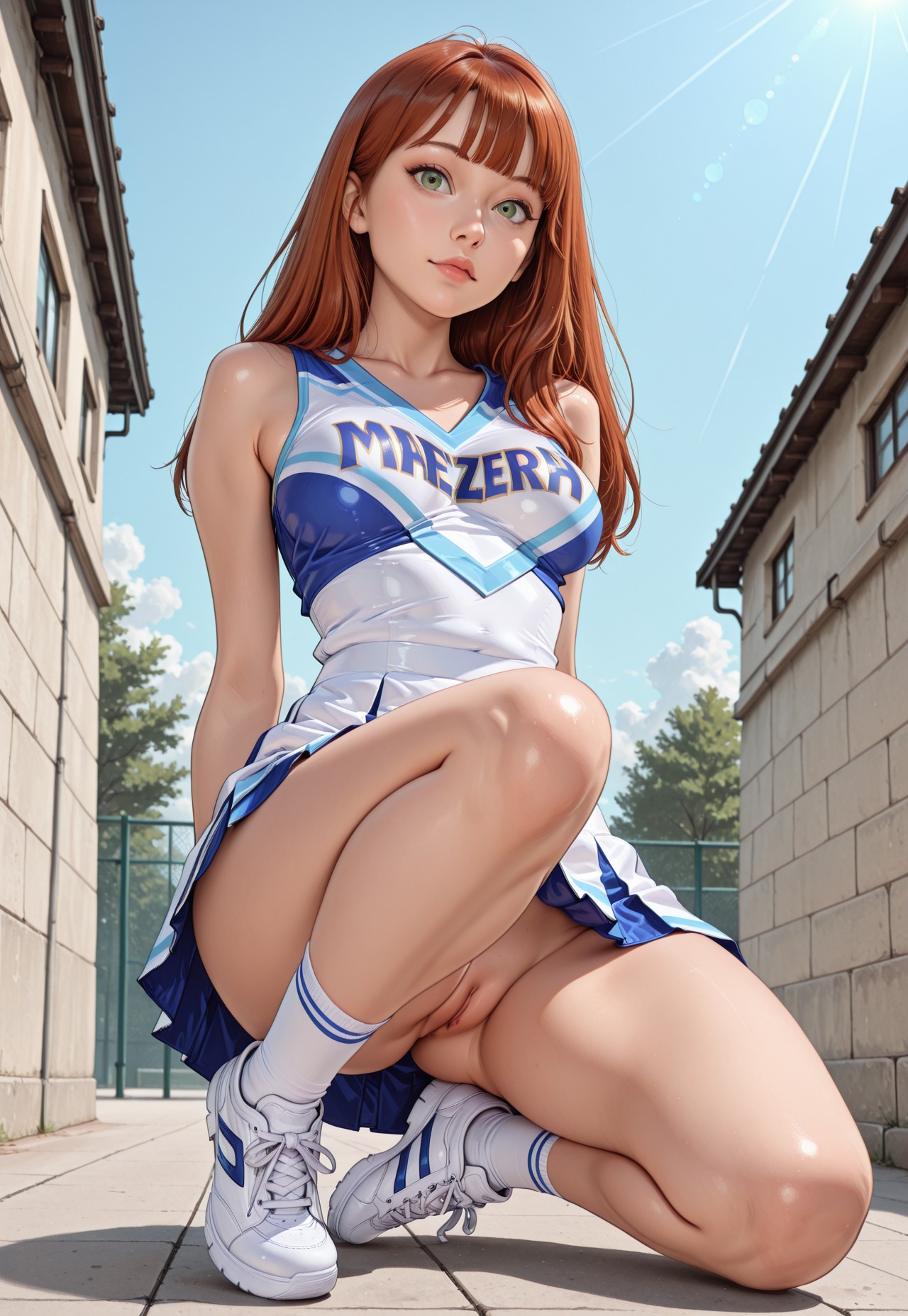 white girl,small head,pretty girl,fair skin,green eyes ((curvy body)),(medium breasts),dynamic angle,Dynamic pose,realistic,nsfw,portrait,full body,from below,sexy pose,1girl,solo,portrait,female focus,slim,long hair,auburn hair,bangs,melancholy expression,sitting,upskirt,no panties,smooth pussy,looking at viewer,beautiful,blue and white cheerleader uniform,outdoors, animish