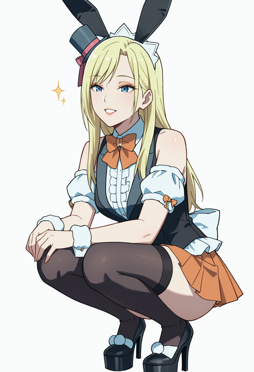 Smooth Quality,masterpiece,very intricate, high quality details, ultra realistic, high detailed skin,detailed enviorement,absurdres,
 <lora:Moonbeams_Manager_CNR:0.7> moonbear_cnr, 1girl,blonde hair, long hair, blue eyes,rabbit ears, fake animal ears, bare shoulders, makeup, lipstick, mini top hat, black vest, shirt,puffy short sleeves, detached sleeves, wrist cuffs,orange pleated skirt, black thighhighs, frills,bowtie, platform footwear,, simple background, white background, front view,solo,
squatting position, heels down, elbows resting on knees, hands dangling  ,, ^o^,