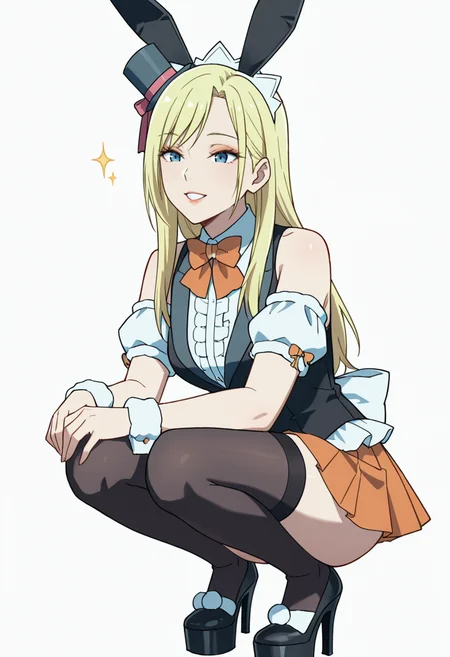 Smooth Quality,masterpiece,very intricate, high quality details, ultra realistic, high detailed skin,detailed enviorement,absurdres,
 <lora:Moonbeams_Manager_CNR:0.7> moonbear_cnr, 1girl,blonde hair, long hair, blue eyes,rabbit ears, fake animal ears, bare shoulders, makeup, lipstick, mini top hat, black vest, shirt,puffy short sleeves, detached sleeves, wrist cuffs,orange pleated skirt, black thighhighs, frills,bowtie, platform footwear,, simple background, white background, front view,solo,
squatting position, heels down, elbows resting on knees, hands dangling  ,, ^o^,