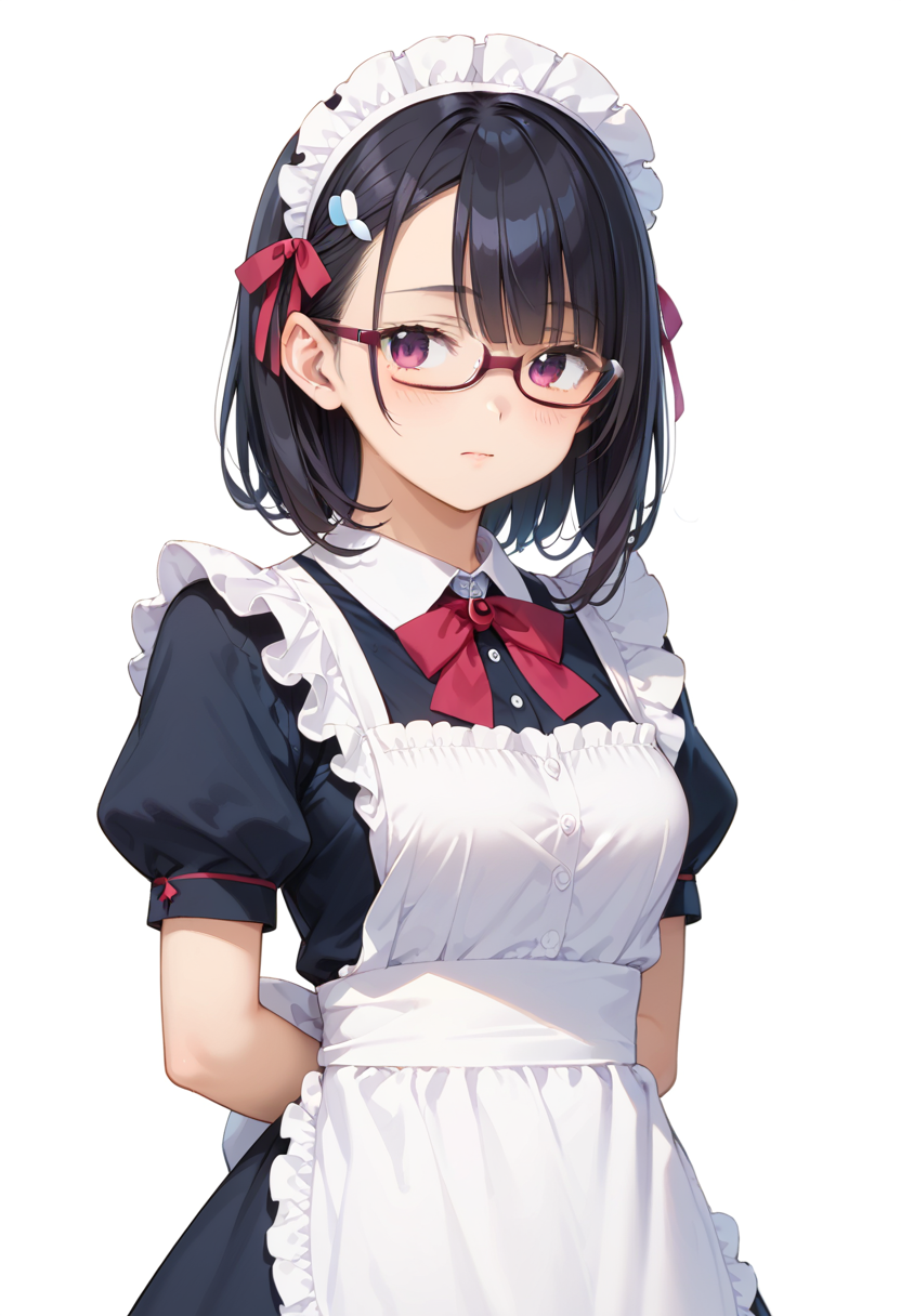 score_9, score_8_up, score_7_up, rating_safe, masterpiece, best quality, absurdres, unity 8k wallpaper, official art, official style, source_anime, uncensored, game cg, megami magazine,
1girl, solo, black hair, medium hair, upper body, covered eyes,maid, maid headdress, black dress, maid apron, face focus,
underrim_cell, glasses, still life, white background, simple background, under-rim eyewear, red-framed eyewear, 
 <lora:glasses_underRimCell_PONY_V1:1>