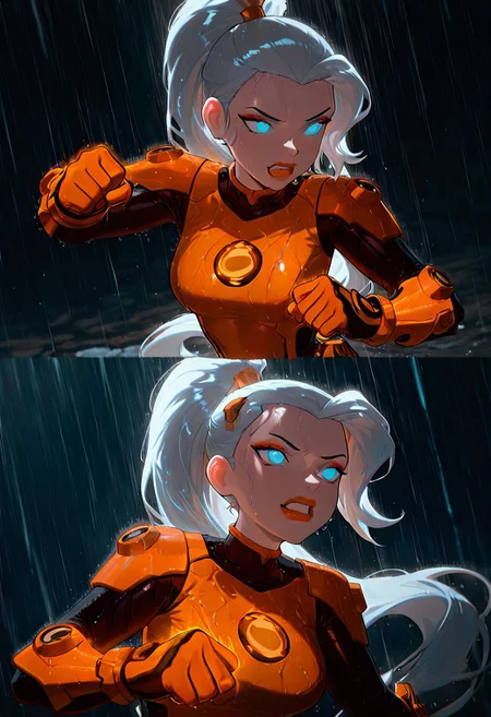 masterpiece, best quality, amazing quality, very aesthetic, absurdres, newest, ((screencap, parody, cartoon))
drewsat, 1girl, long hair, white hair, ponytail, blue eyes, makeup, lipstick, eyeshadow,
armor,, orange bodysuit
expressive face,
dynamic pose, fighting, glowing armor, orange armor, dark background, heavy rain, incoming punch