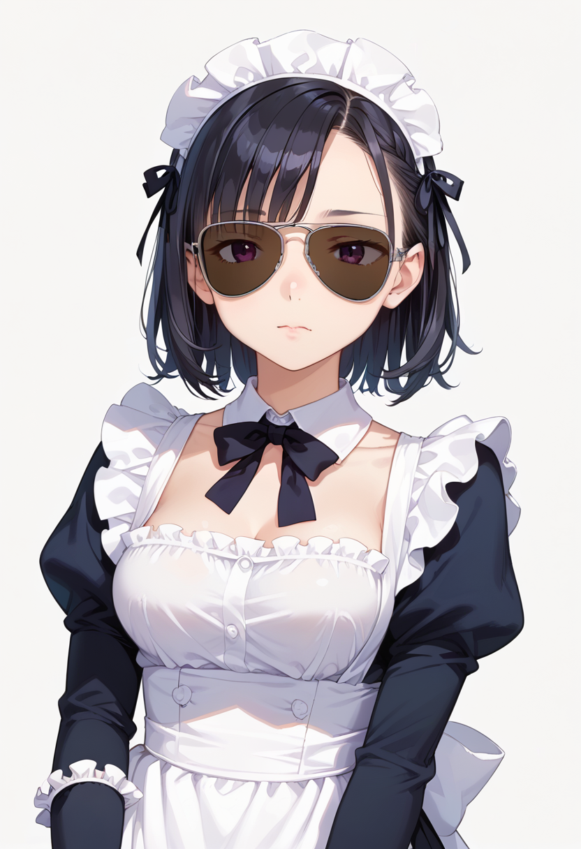 score_9, score_8_up, score_7_up, rating_safe, masterpiece, best quality, absurdres, unity 8k wallpaper, official art, official style, source_anime, uncensored, game cg, megami magazine,
1girl, solo, black hair, medium hair, upper body, maid, maid headdress, black dress, maid apron,
sg-AVIATOR, sunglasses, dark-tinted eyewear, covered eyes, white background, simple background, grey-framed eyewear
 <lora:glasses_aviator_PONY_V2:1>