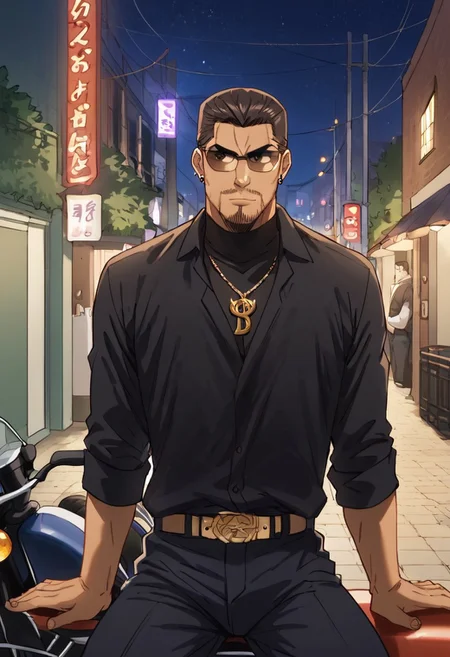 score_9, score_8_up, score_7_up, score_6_up, source_anime, BREAK, 1man, solo, (( <lora:kataoka_tesshin:1> , kataoka_tesshin, piercing dark brown eyes, clear eyes, strict eyes, strong muscular toned body, manly, strong male, alfa male, light tanned skin, short brown hair, hair gelled back, short brown circle beard, chad male, charismatic male, )) , ((very cool brown-lens sunglasses, black shirt, black trousers with gold belt, thick gold yakuza necklace, )) , male focus, cowboy shot, leaning, motor vehicle, ground vehicle, black cruiser motorcycle, sitting, on motorcycle, night, street, front view,