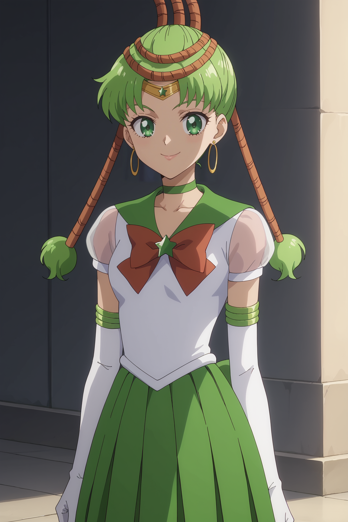 score_9, score_8_up, score_7_up, prefect lighting, source_anime, very aesthetic, BREAK, anime coloring, anime screencap,
<lora:junjun_sailor_moon_v1-pdv6:0.9>, 1girl, junjun \(sailor moon\), bishoujo senshi sailor moon crystal, green eyes, dark skin, green hair, 
sailor senshi uniform, sailor collar, earrings, white gloves, bow, choker, back bow, elbow gloves, green skirt, pleated skirt, star brooch, circlet, 
BREAK, looking at viewer, smile,
BREAK,