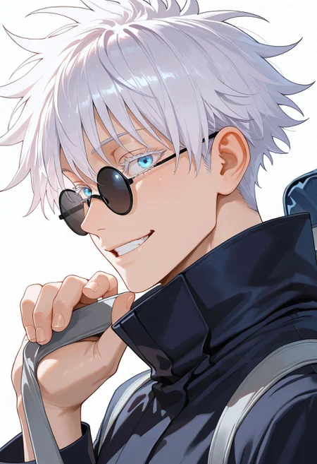masterpiece,best quality,amazing quality, absurdres, gojou satoru, 1boy, bag, blue eyes, high collar,male focus, round eyewear, school bag, smile, solo, teeth, white background, white hair