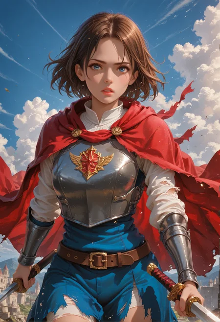 score_9,score_8_up,score_7_up,embedding:zPDXL2, masterpiece,best quality,highly detailed,detailed background, film grain,colorful,Expressiveh,Cinematic Lighting, 1girl, breasts, looking at viewer, blue eyes, brown hair, holding, weapon, outdoors, parted lips, sky, solo focus, day, belt, sword, cloud, cape, holding weapon, armor, blue sky, torn clothes, holding sword, dual wielding, running, breastplate, glint, red cape, knight, torn cape<lora:增强\(收藏)\sdxl_lightning_8step_lora.safetensors:1.0:1.0> <lora:增强\(收藏)\Hands XL 4.safetensors:1.0:1.0> <lora:增强\(收藏)\Expressive_H-000001.safetensors:0.8:0.8> <lora:增强\(收藏)\glowneon_xl_v1.safetensors:1.0:1.0> <lora:增强\(收藏)\sinfully_stylish_PONY_0.2.safetensors:0.6:0.6> <lora:Vixon\Vixon's Pony Styles Magion.safetensors:0.8:0.8>