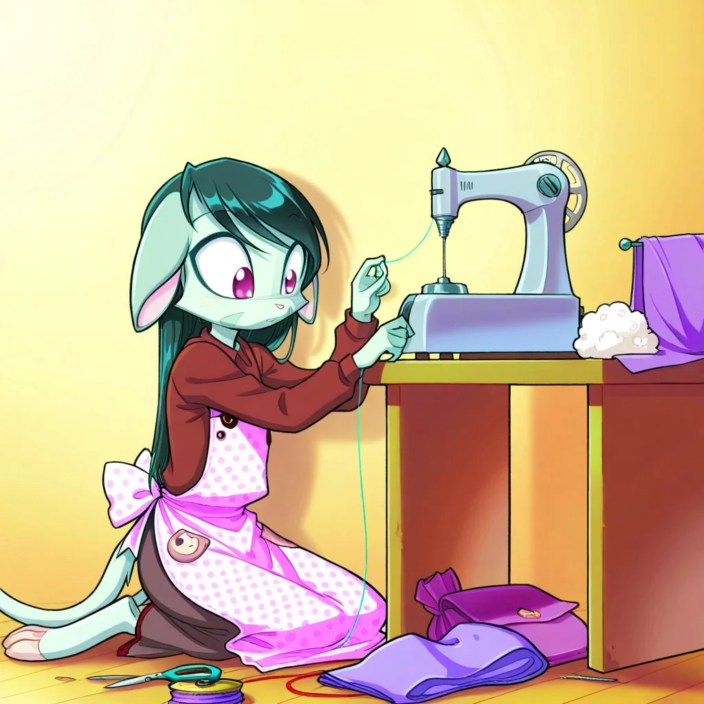 score_9, score_8_up, score_7_up,lilith_calah,
1girl,solo,furry,tail,dark green hair, source_furry,
,<lora:lilith_calah_illustrious:0.8>,
child, kid,
fabric, thread, needle, stuffing, scissors, sewing_machine, pins, ribbon, table, polka_dot_apron, buttons, cotton, thimble
Scene: A bright sewing nook with a table covered in soft cotton fabric, someone carefully stitching a little bunny shape, pinning floppy ears into place. A sewing machine hums as it finishes the edges, stuffing puffs out of a bag, and a thimble glints on their finger. Polka-dot fabric scraps litter the floor, a spool of thread rolls slightly, and a ribbon is tied into a bow around the bunny’s neck, with buttons ready to become its adorable eyes