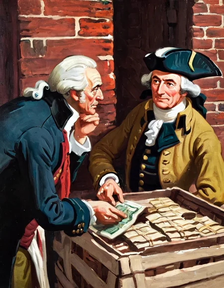 A Cornwall oil painting depicting an elderly 18th Century gentleman, meeting  with a merchant regarding the cost of a shipment of dry goods in New York City in 1763, top down, close up<lora:DCornwall-000005:1>