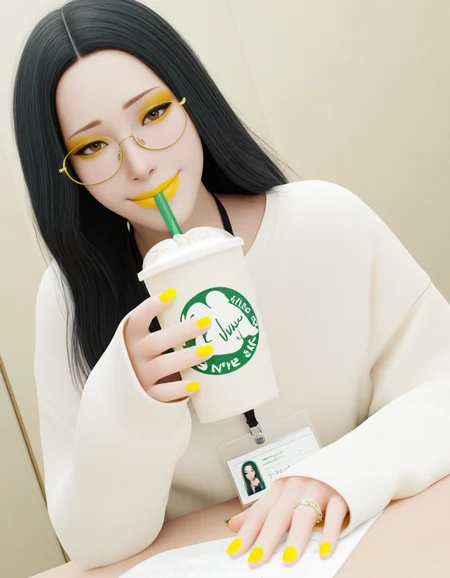 (masterpiece, best quality, ultra-detailed, absurdres, newest, detailed textures, correct anatomy:1), <lora:Utility_-_Hands_v5.5:1>, detailed_hands, elegant_fingers, <lora:HaneAme_ILXL:1>, haneame, asian woman, pale skin, makeup, black hair, brown eyes, long hair, streetwear, oversized clothes, sleeves past wrists, contemporary, smile, nail polish, lips, eyeshadow, yellow nails, yellow lipstick, yelow eyeliner, yellow theme, rings, id card, holding a white cup with a straw, drinking with straw, office, round eyewear, <lora:Nyl2_style_22:0.25>, nyl style, nyl_style, 3D, <lora:General_Butch_Style:0.25>, genbutch style, <lora:x3d:0.25>, x3d, <lora:meis3d style:0.25>, mei3d style, cheerful