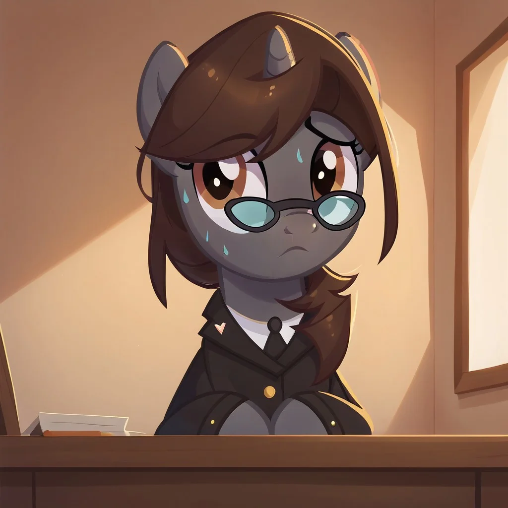 masterpiece, perfect detail, best high quality, source_pony, show accurate, cute, 1girl, solo, female, oc:sonata, glasses, attorney suit, badge on collar, pony, courtroom, defense stand, standing, standing behind desk, front hooves on desk, standing against desk, frown, scenic painting in background, closed mouth, nervous, sweating, beautiful, looking to side, score_9, score_8_up, score_7_up, score_6_up, score_5_up, score_4_up