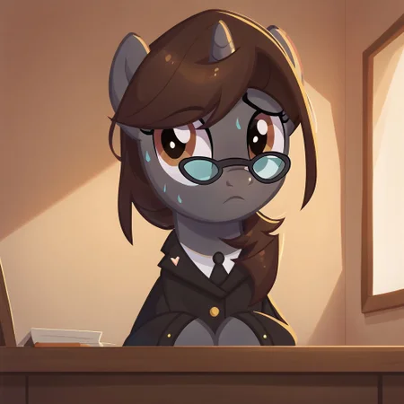 masterpiece, perfect detail, best high quality, source_pony, show accurate, cute, 1girl, solo, female, oc:sonata, glasses, attorney suit, badge on collar, pony, courtroom, defense stand, standing, standing behind desk, front hooves on desk, standing against desk, frown, scenic painting in background, closed mouth, nervous, sweating, beautiful, looking to side, score_9, score_8_up, score_7_up, score_6_up, score_5_up, score_4_up