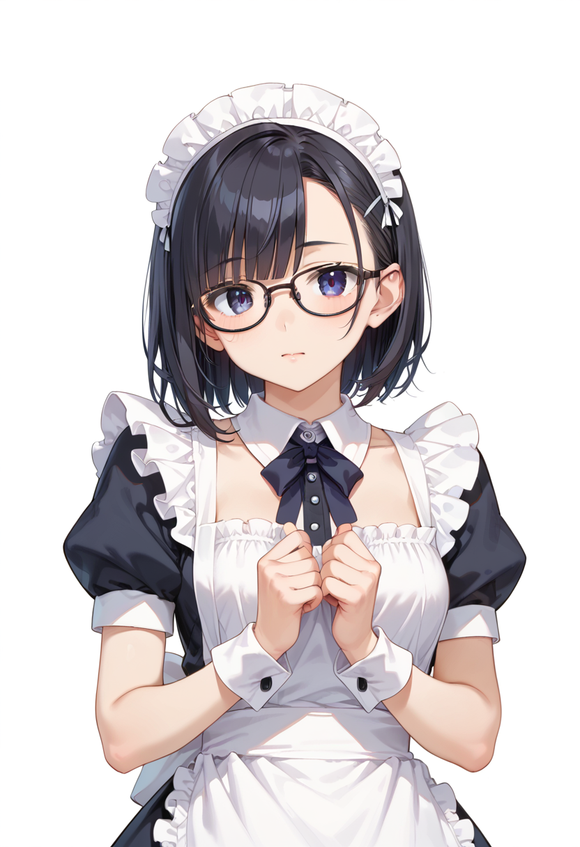 score_9, score_8_up, score_7_up, rating_safe, masterpiece, best quality, absurdres, unity 8k wallpaper, official art, official style, source_anime, uncensored, game cg, megami magazine,
1girl, solo, black hair, medium hair, upper body, covered eyes,maid, maid headdress, black dress, maid apron, face focus,
oval_metal, glasses, still life, white background, simple background, black-framed eyewear,
 <lora:glasses_OvalMetal2_PONY_V1:1>