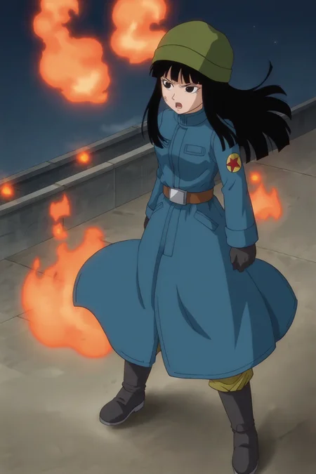 source_anime, score_9,score_8_up, score_7_up, <lora:mai_pony_v1:0.8>, anime screencap,
solo, 1girl,
mai, long hair, black hair, black eyes, serious, open mouth, from above, pouch, hat(mai), coat, military uniform, black gloves, ((wind)), ruined city, night sky, fire, building, night sky,