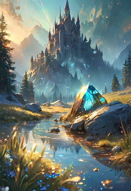 unseen landscape of a fantastical world made of labradorite, captured in 8K resolution for stunning detail, towering mountains of shimmering labradorite crystals reflecting a spectrum of blues, greens, and golds, A great castle is on the tallest mountain, the surface glistening like a celestial sky, vast plains of smooth labradorite stones scattered with iridescent flora that pulse with color, gentle rivers of liquid light flowing through the valleys, their surfaces sparkling with the vibrant hues of the stones, ethereal creatures with translucent wings flitting among the glowing plants, creating trails of shimmering light, a radiant sunset casting a warm glow over the landscape, evoking a sense of wonder and magic in this enchanting realm of crystal and color.
beautiful gorgeous digital art,style of greg rutkowski,janek sedlar,jenny saville:0]