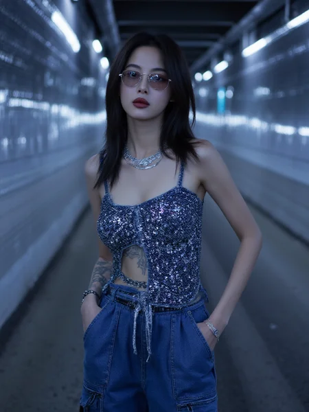 There are wonderful studio lights and various reflections,her thin face is very delicate,
18yo beautiful cute girl with blushing and female orgasm.skin naturally showing the texture of blood vessels and detailed pale skin,looking at viewer,
cowboy shot,full body,--,
--,<lora:Xin_Zhilei_f1_rank2_bf16:1>,she is Xin Zhilei,
--, A Y2Kâurban fusion featuring a rhinestoneâencrusted denim bustier and matching track pants with cargo pockets, paired with reflective aviator glasses and chrome choker, posed in an LEDâlit subway tunnel â the hardâedged backdrop and scintillating details make her allure undeniable.