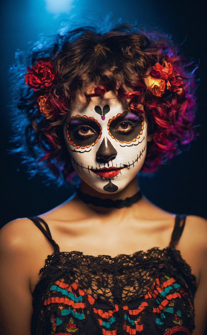 leogirl, 1girl, a dynamic, upper body portrait of a cute young woman with curly short hair, her joyous expression directed towards the viewer. Set against a dark theme, she's adorned with vibrant, Dia de los Muertos-inspired horror makeup, adding a pop of color to the scene. This action-packed pose exudes a lively energy, illuminating her captivating sexy.