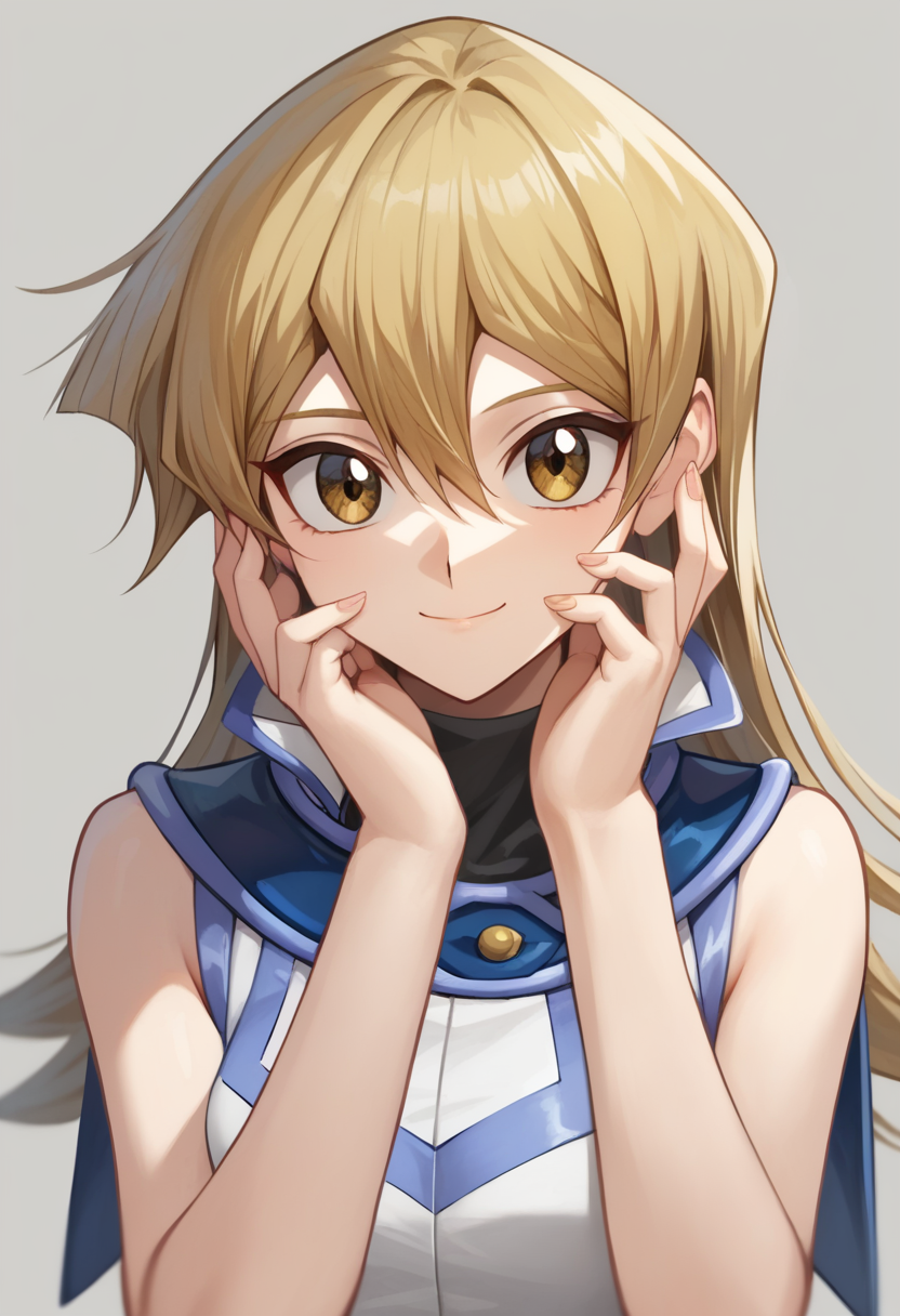 score_9,score_8_up,score_7_up,<lora:tenjouin_asuka_pony:1>,1girl, bare_shoulders, blonde_hair, buttons, closed_mouth, commentary_request, duel_academy_uniform_\(yu-gi-oh!_gx\), fingernails, hands_on_own_cheeks, hands_up, light_smile, long_hair, looking_at_viewer, simple_background, solo, tenjouin_asuka, upper_body