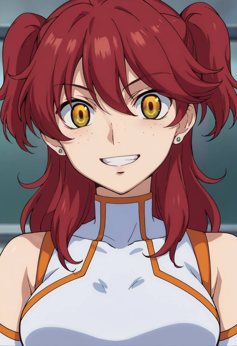 score_9,score_8_up,score_7_up,score_6_up,score_5_up,score_4_up,anime coloring BREAK source_anime,anime,<lora:Nena_Trinity_Gundam_00_Pony:0.8>,nena,1girl,solo,(innovator eyes:1.1),yellow eyes,red hair,two side up,(freckles),earrings,white midriff,grin,wide eyes,looking_at_viewer,upper_body,face_focus,