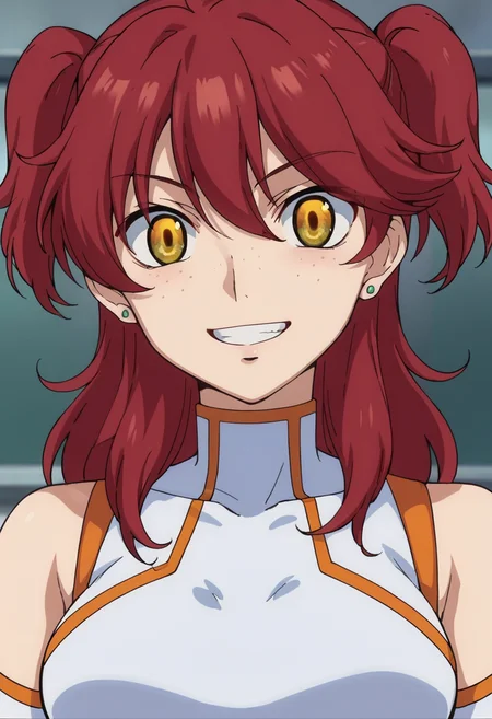 score_9,score_8_up,score_7_up,score_6_up,score_5_up,score_4_up,anime coloring BREAK source_anime,anime,<lora:Nena_Trinity_Gundam_00_Pony:0.8>,nena,1girl,solo,(innovator eyes:1.1),yellow eyes,red hair,two side up,(freckles),earrings,white midriff,grin,wide eyes,looking_at_viewer,upper_body,face_focus,
