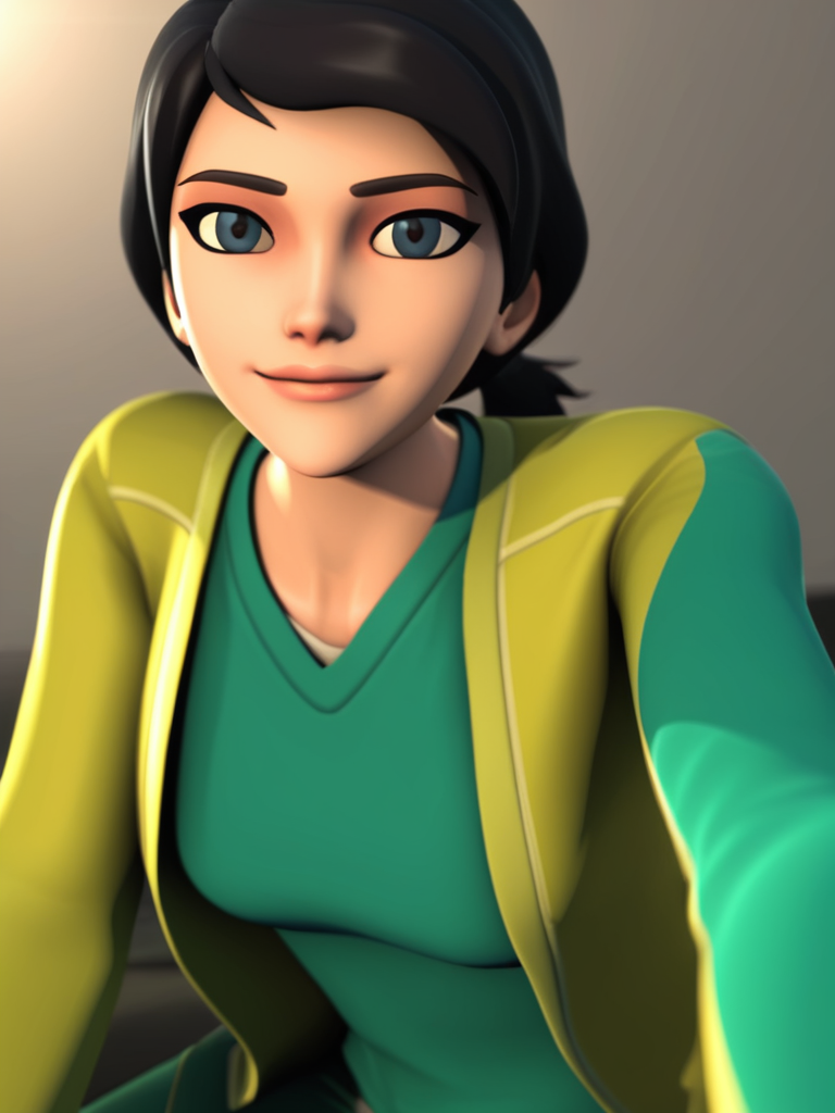 score_9, score_8_up, score_7_up, score_6_up, BREAK masterpiece, perfect face, perfect hands, high quality, source_cartoon, BREAK (1girl, solo,) <lora:June_Darby_-_Transformers_Prime:1> june, black hair, short hair, black eyes, low ponytail, (3D, cgi,)yellow open jacket, green shirt, green pants,