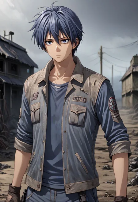 high resolution, solo, best quality, 1Boy, Tomoya Okazaki, Grey Blue Hair, shallow depth of field, Post-Apocalyptic, survival, OverallDetail