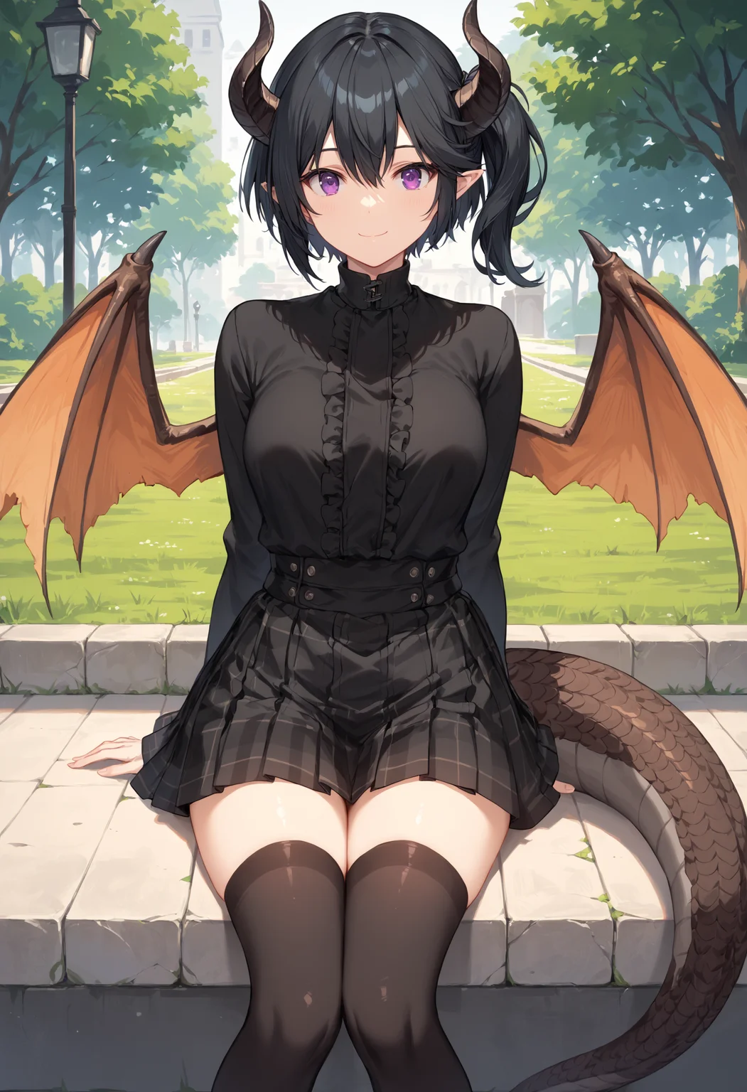 score_9, score_8_up, score_7_up, score_6_up, source_anime, high res image, masterpiece, best quality, grea, black dragon tail BREAK
black pleated skirt, short hair, black hair, dark purple eyes, black plaid skirt, black high-waist, black shirt, side ponytail, shiny hair, slight smile, closed mouth, sitting, ultra detailed eyes, hands on lap, black thighhighs, black scales, black wings, black horns, park background, looking at viewer, facing viewer, center frills, <lora:Grea_v3_rank8:1>
