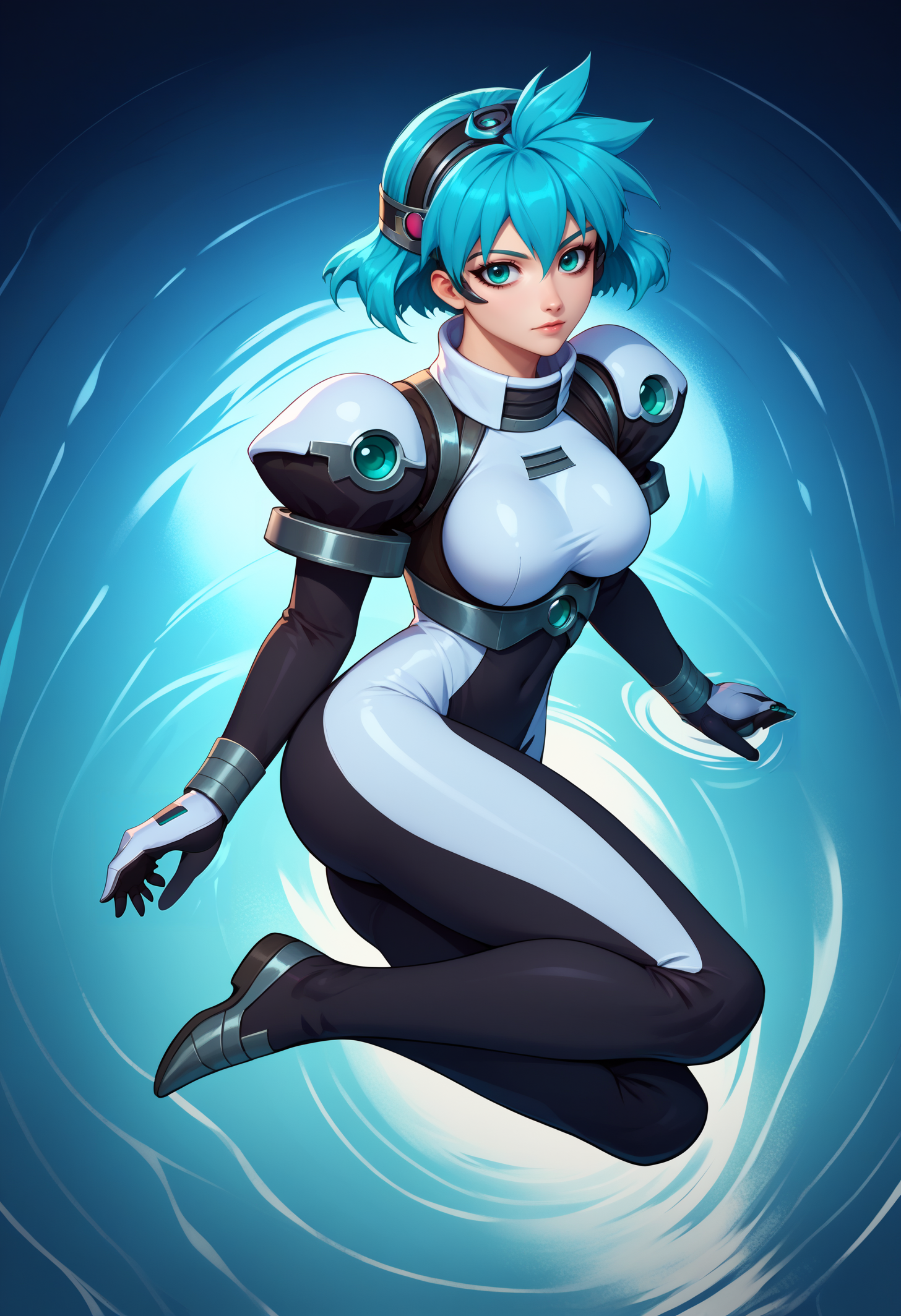 score_9, score_8_up, score_7_up, BREAK 1girl, solo, mgisb, aqua eyes, aqua hair, short hair, large breasts, <lora:MeiaGisbornPDXL_V1-Manityro-CAME:1.0>,
eyepiece, headband, two-tone bodysuit, shoulder armor, 
looking at viewer, full body, on side, from above,
abstract, surreal, water only, floating, partially submerged,